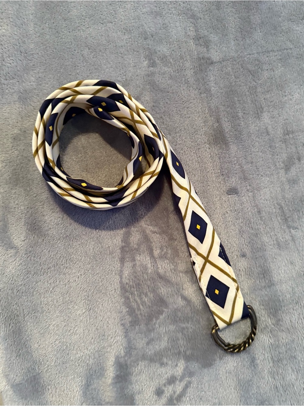 J. Crew 100% Silk D-Ring Ribbon Belt Womens M/L Navy Gold Geometric Preppy - Picture 1 of 5